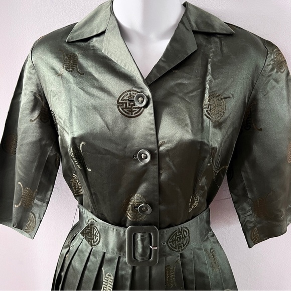 1950s Emerald Green Silk Party Dress Chinese Prom Dress Vintage Satin - Picture 7 of 8